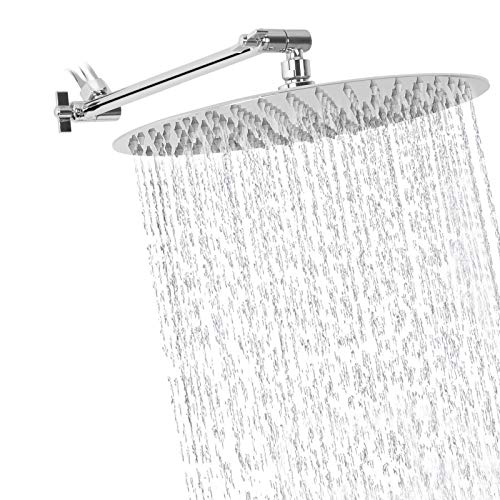 Rain Shower Head with 11'' Adjustable Arm, NearMoon High Pressure Stainless Steel Rainfall Showerhead, Ultra-Thin Design - Pressure Boosting (12-Inch Shower Head with Arm, Chrome)