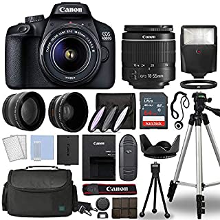 Canon EOS 4000D / Rebel T100 Digital SLR Camera Body w/Canon EF-S 18-55mm f/3.5-5.6 Lens 3 Lens DSLR Kit Bundled with Complete Accessory Bundle + 64GB + Flash + Case & More - International Model