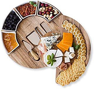 Cheese Cutting Board Set - Charcuterie Board Set and Cheese Serving Platter. US Patented 13 inch Meat/Cheese Board and Knife Set for Entertaining and Serving - 4 Knives and 4 Bowls Server Plate