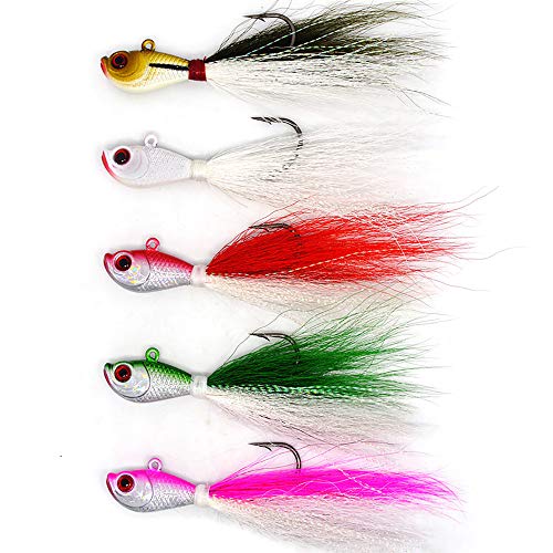 kmucutie 5 pcs Bucktail Jig Bass Flounder Striper Bluefish Fishing Lure Glow Bucktail Jig (0.25)