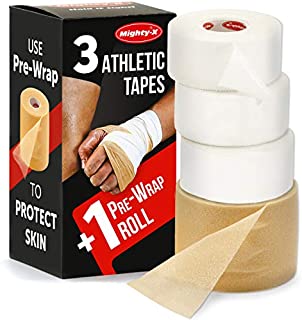 Mighty-X White Athletic Tape + PreWrap - 4 Pack - Easy to Tear with No Sticky Residue - Used as: Ankle Tape, Climbing Tape, Boxing Tape - Sports Tape Athletic - 1.5in x 45ft