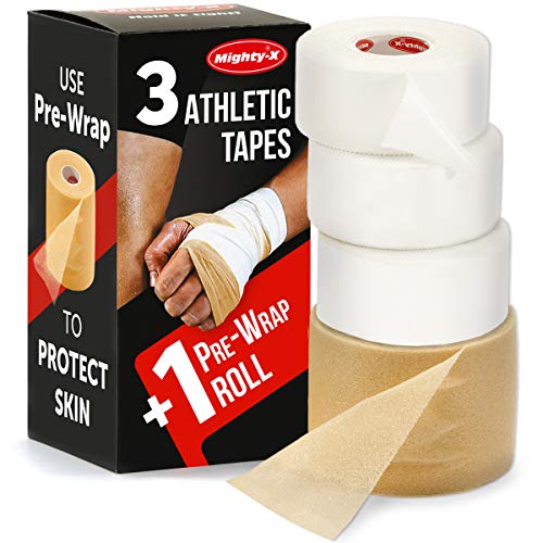 Mighty-X White Athletic Tape + PreWrap - 4 Pack - Easy to Tear with No Sticky Residue - Used as: Ankle Tape, Climbing Tape, Boxing Tape - Sports Tape Athletic - 1.5in x 45ft