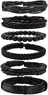 Milakoo 6 Pcs Black Braided Leather Bracelets for Men Women Cuff Wrap Wristbands