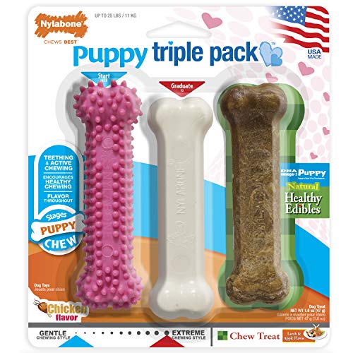 Nylabone Puppy Chew Variety Toy & Treat Triple Pack 3 count Small/Regular - Up to 25 Ibs., Pink