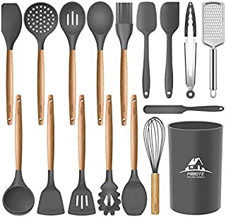 Mibote 17 Pcs Silicone Cooking Kitchen Utensils Set with Holder, Wooden Handles BPA Free Non Toxic Silicone Turner Tongs Spatula Spoon Kitchen Gadgets Utensil Set for Nonstick Cookware (Grey)