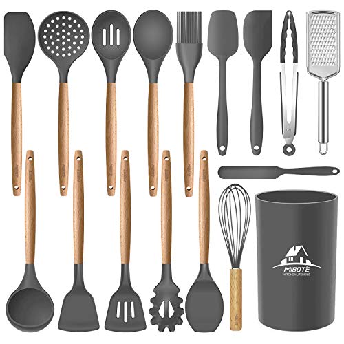 Mibote 17 Pcs Silicone Cooking Kitchen Utensils Set with Holder, Wooden Handles BPA Free Non Toxic Silicone Turner Tongs Spatula Spoon Kitchen Gadgets Utensil Set for Nonstick Cookware (Grey)