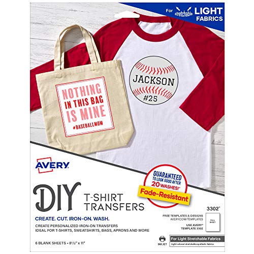 Avery Printable Stretchable Heat Transfer Paper for Light Fabrics, 8.5