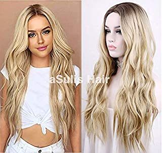 aSulis Natural Long Wavy Wig Dark Roots Ombre Blonde Wig Middle Parting Synthetic Replacement Wig 28