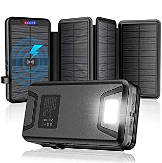 Solar Charger,Solar Power Bank,35800mAh with Dual 3.1A Outputs QI Wireless Charger,IP66 Waterproof Ultra Bright LED Flashlights Compatible All USB Device