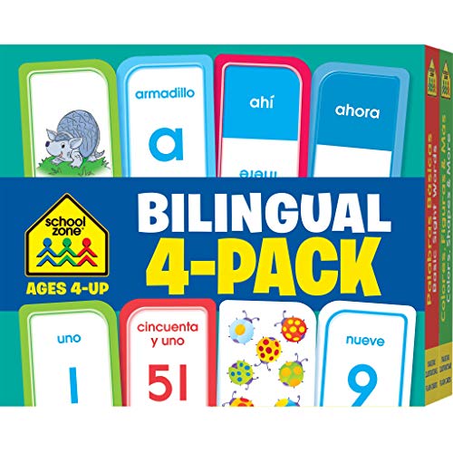 School Zone - Bilingual Spanish/English Flash Cards 4 Pack - Ages 4+, Preschool to Kindergarten, ESL, Language Immersion, ABCs, Sight Words, and More (English and Spanish Edition) (Flash Card 4-pk)