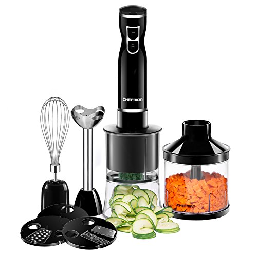 Chefman Electric Spiralizer & Immersion Blender/Vegetable Slicer 6-IN-1 Food Prep Combo Kit, Includes 3 Spiralizing Blade Attachments, Zoodle Maker; Grate, Ribbon, Spiral, Blend, Chop, and Puree,Black