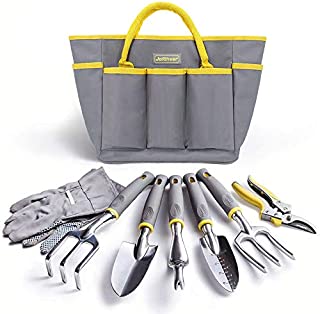 Jardineer Garden Tools Set, 8PCS Heavy Duty Garden Tool Kit with Outdoor Hand Tools, Garden Gloves and Storage Tote Bag, Gardening Tools Gifts for Women and Men