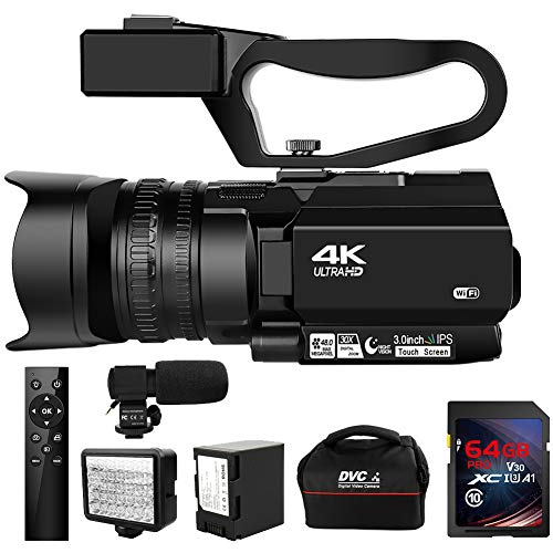 Video Camera 4K Camcorder HD 48MP 30X Digital Zoom Camera for YouTube IR Night Vision 4500mAh Battery with Handheld Stabilizer 2.4G Remote Control and 64G SD Card