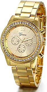 JewelryWe Luxury Mens Dress Watch, Stainless Steel Bling Rhinestones Accented Quartz Wrist Watches - Gold, for Xmas