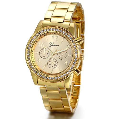 JewelryWe Luxury Mens Dress Watch, Stainless Steel Bling Rhinestones Accented Quartz Wrist Watches - Gold, for Xmas