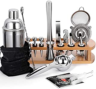 24-Piece Cocktail Shaker Bartender Kit with Stand, 24 oz Martini Shaker, Mixing Spoon, Muddler, Measuring Jigger, Lemon Squeez, Tongs, Corkscrew, Liquor Pourers and More Professional Bar Tools