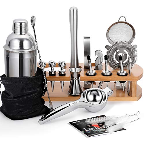 24-Piece Cocktail Shaker Bartender Kit with Stand, 24 oz Martini Shaker, Mixing Spoon, Muddler, Measuring Jigger, Lemon Squeez, Tongs, Corkscrew, Liquor Pourers and More Professional Bar Tools