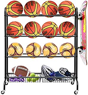 LUDING Rolling Sports Ball Storage Cart, Basketball Rack Threer-Layer Ball Holder with Two Metal Baskets for Garage Storage Garage Organizer