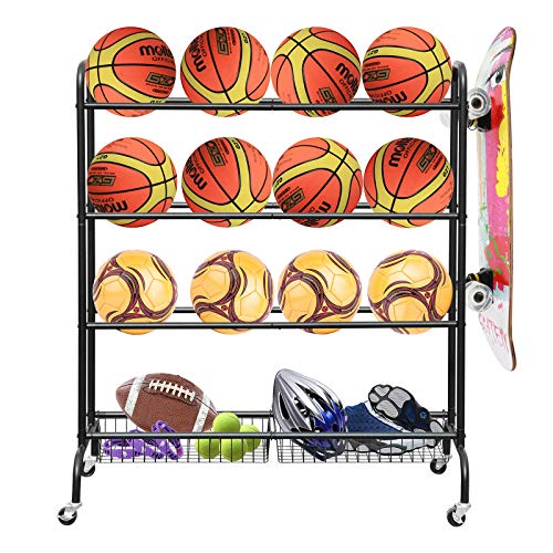 LUDING Rolling Sports Ball Storage Cart, Basketball Rack Threer-Layer Ball Holder with Two Metal Baskets for Garage Storage Garage Organizer