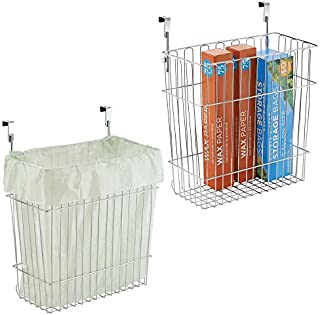 mDesign Metal Wire Hanging Over Door Kitchen Storage Organizer Basket/Trash Can - Hangs Over Cabinet Doors - For Bags, Tin Foil, Wax Paper, Saran Wrap - Solid Steel - 2 Pack - Chrome