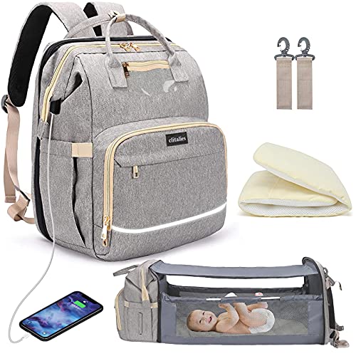 Diaper Bag Backpack with Changing Station, 57L Elegant Mummy Travel Bag for Baby Girl Boy, Portable Foldable Baby Crib Nappy Changing Bags for Dad Mom