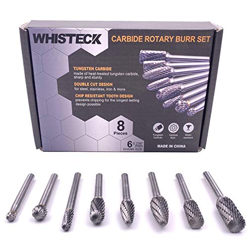 WHISTECK Carbide Burr Set, Double Cut Tungsten Carbide Rotary Burr set, 1/4 inch Shank Die Grinder Bits, Carbide Rotary File for Metal Wood Carving, Engraving, Polishing,Drilling, 8pcs