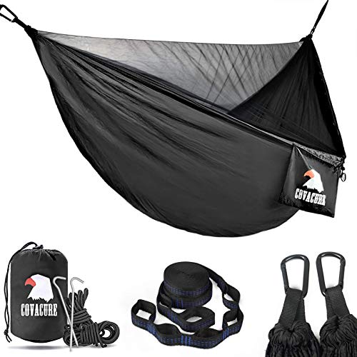 covacure Camping Hammock - Lightweight Double Hammock, Hold Up to 772lbs, Portable Hammocks for Indoor, Outdoor, Hiking, Camping, Backpacking, Travel, Backyard, Beach(Black)