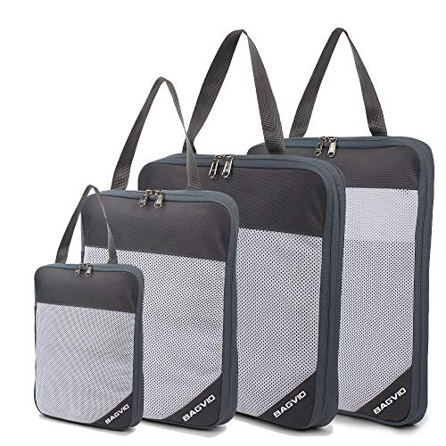 BAGVIO Compression Packing Cubes Set For Men women kids, Double Zipper Expandable Mesh Organizers use in Backpack Suitcase Duffle Hiking toiletry shoe bag. Travel Accessories organzier Set 4 (Grey)