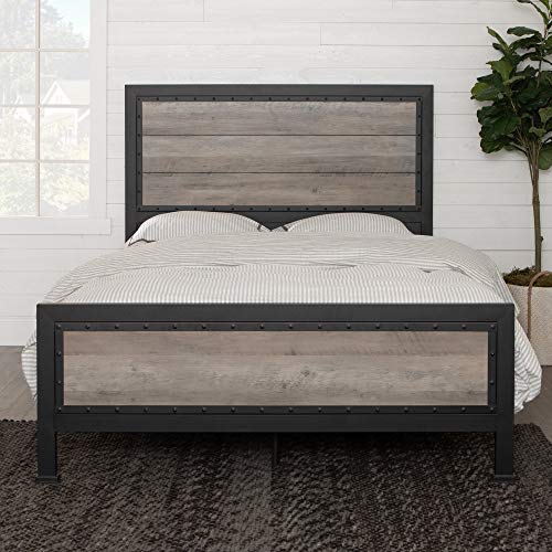 Walker Edison Rustic Farmhouse Wood Queen Metal Bed Headboard Footboard Frame Bedroom, Grey Wash