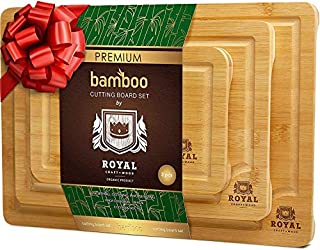 Organic Bamboo Cutting Board with Juice Groove (3-Piece Set) - Kitchen Chopping Board for Meat (Butcher Block) Cheese and Vegetables | Anti Microbial Heavy Duty Serving Tray w/Handles