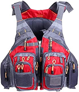 JKSPORTS Fly Fishing Vest, Fishing Safety Life Jacket for Swimming Sailing Boating Kayak Floating Multifunction Breathable Backpack for Men and Women Vest/Kayak (Red, with Foam)