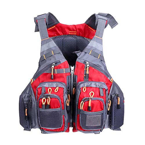 JKSPORTS Fly Fishing Vest, Fishing Safety Life Jacket for Swimming Sailing Boating Kayak Floating Multifunction Breathable Backpack for Men and Women Vest/Kayak (Red, with Foam)