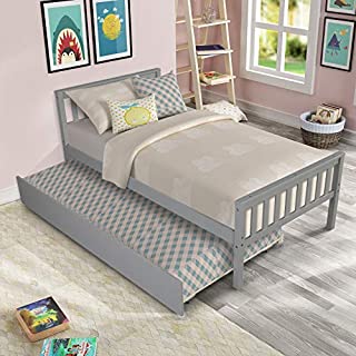 Twin Platform Bed with Trundle, Solid Wood Bed Frame with Headboard, Footboard for Teens Boys Girls,No Box Spring Needed (Grey)