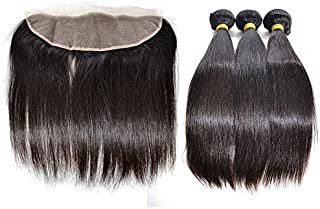 YummyHair 100% Unprocessed Virgin Brazilian Human Hair Extensions 3 Bundles with Frontal Natural Color (Straight 20 20 20 Inch with 16 Inch Frontal)