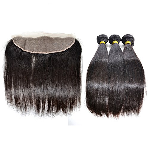 YummyHair 100% Unprocessed Virgin Brazilian Human Hair Extensions 3 Bundles with Frontal Natural Color (Straight 20 20 20 Inch with 16 Inch Frontal)