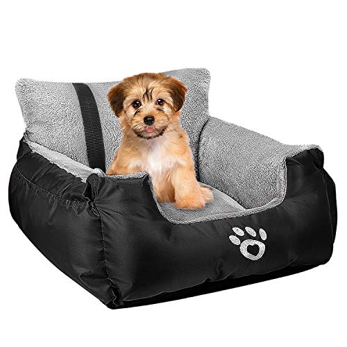 Utotol Pet Car Seat,Puppy Booster Seat Dog Travel Car Carrier Bed with Storage Pocket and Clip-on Safety Leash Removable Washable Cover for Small Dog (Black)