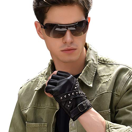 FIORETTO Mens Leather Fingerless Gloves, Unlined Half Finger Driving Gloves