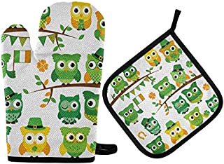 Exnundod St Patrick Owls Oven Mitt and Hot Pads Set,Good Luck Cooking Heat Resistant Potholder Glove 2pcs for Kitchen Cooking BBQ Bakeware