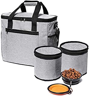 cherrboll Dog Travel Bag - Airline Approved Tote for Pet Accessories - Traveling Organizer for Weekend Camping & Beach - 2 Lined Food Carriers 2 Collapsible Bowls Included (Grey)