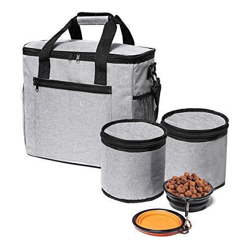 cherrboll Dog Travel Bag - Airline Approved Tote for Pet Accessories - Traveling Organizer for Weekend Camping & Beach - 2 Lined Food Carriers 2 Collapsible Bowls Included (Grey)