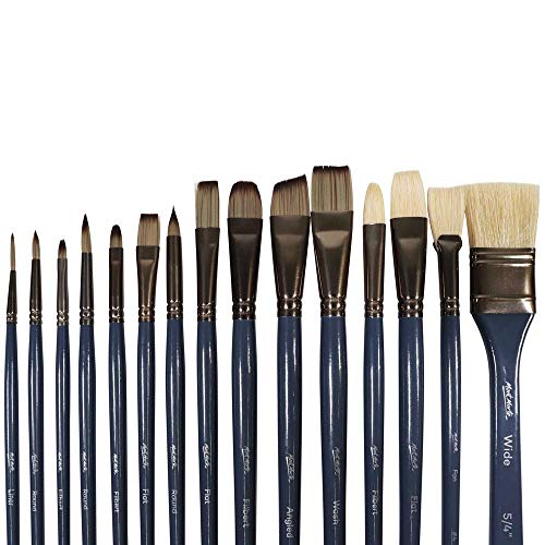 Mont Marte Premium Paint Brush Set 15 Piece, Includes 15 Different Brushes in a Roll Case with Magnetic Closure, Suitable for Watercolour, Acrylic and Oil Painting