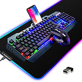 Wireless Gaming Keyboard and Mouse Combo,3 in 1 Rainbow LED Rechargeable Keyboard Mouse with 3800mAh Battery Metal Panel,10 Colors RGB Gaming Mouse Pad (32.5x12x0.15 inch),7 Colors Mute Gaming Mouse