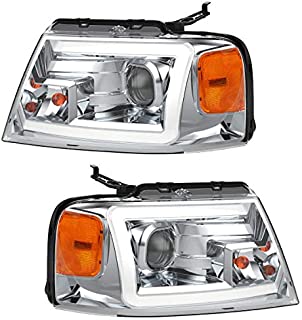 OEDRO LED DRL Dual Projector Headlights Assembly Compatible with 2004-2008 Ford F150 Pickup, Newest LED Daytime Running Tube Headlamp, Clear Lens Chrome Housing Amber Side