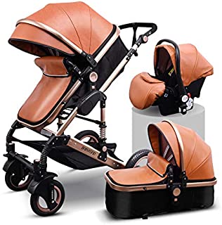 Babyfond Travel System Anti-Shock Luxury Baby Stroller 3 in 1,Convertible Bassinet to Toddler Stroller,Reinforced Frame for Safety,Vista Pram,Quick Fold Baby Carriage Brown PU