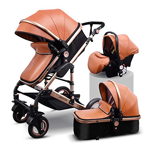 Babyfond Travel System Anti-Shock Luxury Baby Stroller 3 in 1,Convertible Bassinet to Toddler Stroller,Reinforced Frame for Safety,Vista Pram,Quick Fold Baby Carriage Brown PU