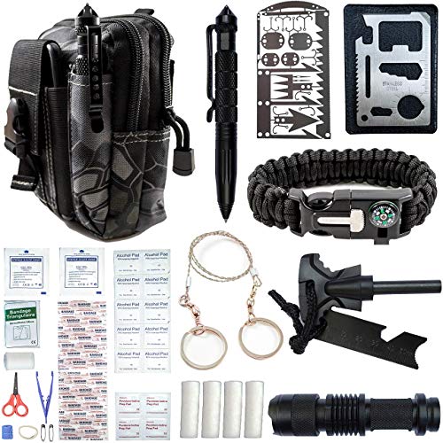 Emergency Survival Kit With First Aid - Gear, Cool Gadgets, Tools For Men, Women. Hiking, Camping, Fishing, Hunting Accessories. Link Molle Pouch To Bag, Backpack. Best Military Equipment, Supplies