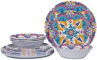 Melamine Dinnerware Set, 12pcs Melamine Dinner Plates and Bowls set, for Everyday Use, Shatter-Proof, Dishwasher Safe