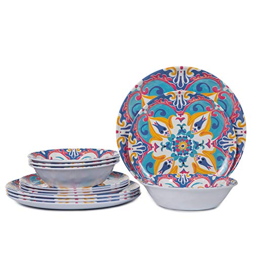 Melamine Dinnerware Set, 12pcs Melamine Dinner Plates and Bowls set, for Everyday Use, Shatter-Proof, Dishwasher Safe