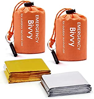 Life Bivvy Emergency Sleeping Bag 2 Pack, Ultralight Waterproof Survival Sleeping Bag with Mylar Blanket, Thermal Bivvy Sack Include Survival Whistle for Outdoor, Camping, Hiking, Backpacking