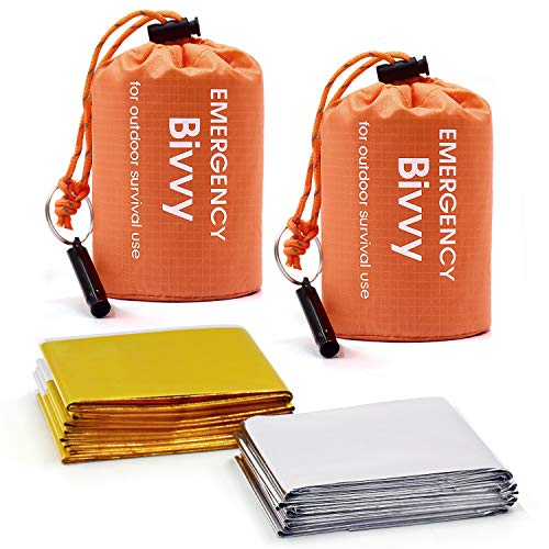 Life Bivvy Emergency Sleeping Bag 2 Pack, Ultralight Waterproof Survival Sleeping Bag with Mylar Blanket, Thermal Bivvy Sack Include Survival Whistle for Outdoor, Camping, Hiking, Backpacking